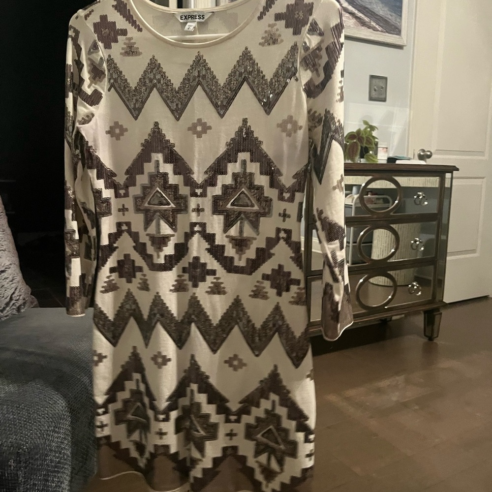 Express Gray and White Long Sleeve Sweater Dress